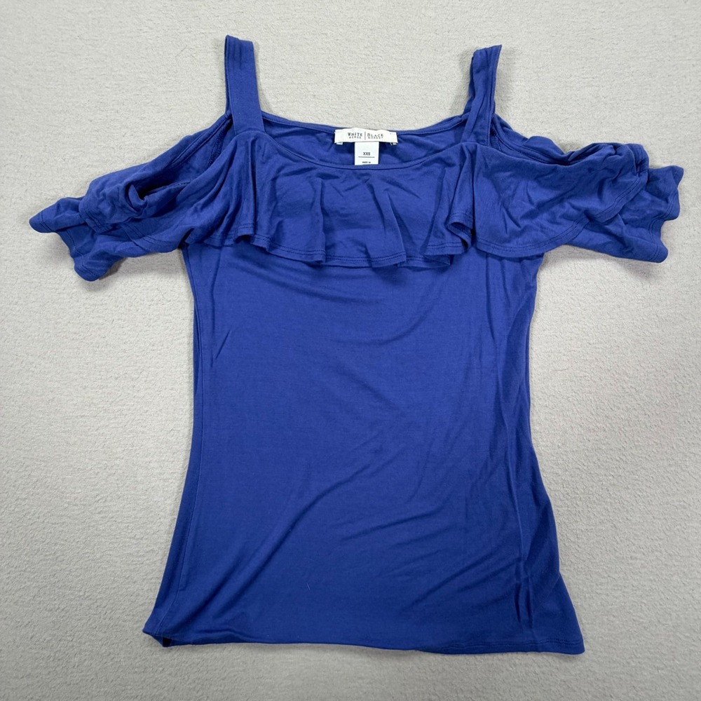 White House Black Market Cold‎ Shoulder Top Womens XXS Good Blue Ruffle Knit